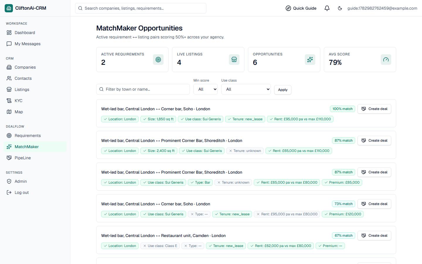 MatchMaker screen scoring every requirement against every listing, with match percentages and one-click deal creation